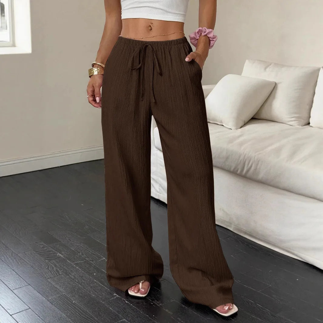 Women's Wide-Leg Cotton-Linen Blend Casual Floor-Length Pants Relaxed-Fit Drawstring Trousers for Home & Strolls