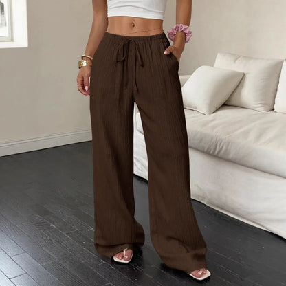 Women's Wide-Leg Cotton-Linen Blend Casual Floor-Length Pants Relaxed-Fit Drawstring Trousers for Home & Strolls