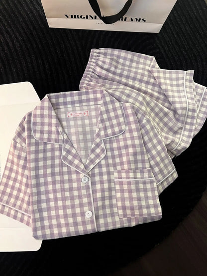 Ins Japanese-Style Minimalist Women's Pajamas Summer Bubble Cotton Cute Girl Loose Short-Sleeve Shorts Loose Summer Outfit Set