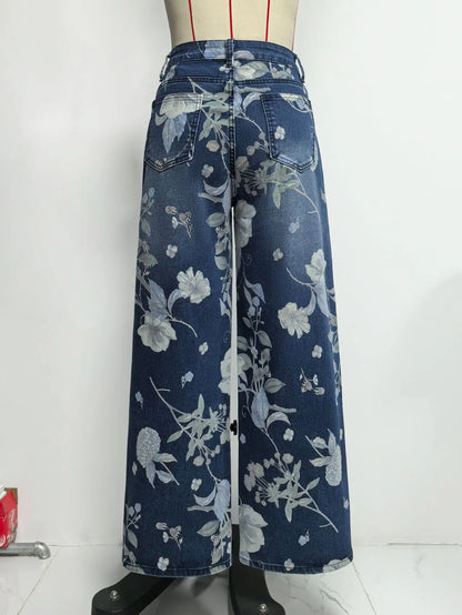 New for 2026: Women's Blue High-waisted Stretch Jeans, Vintage-style Loose-fit Wide-leg Denim Pants with A Floral Print.