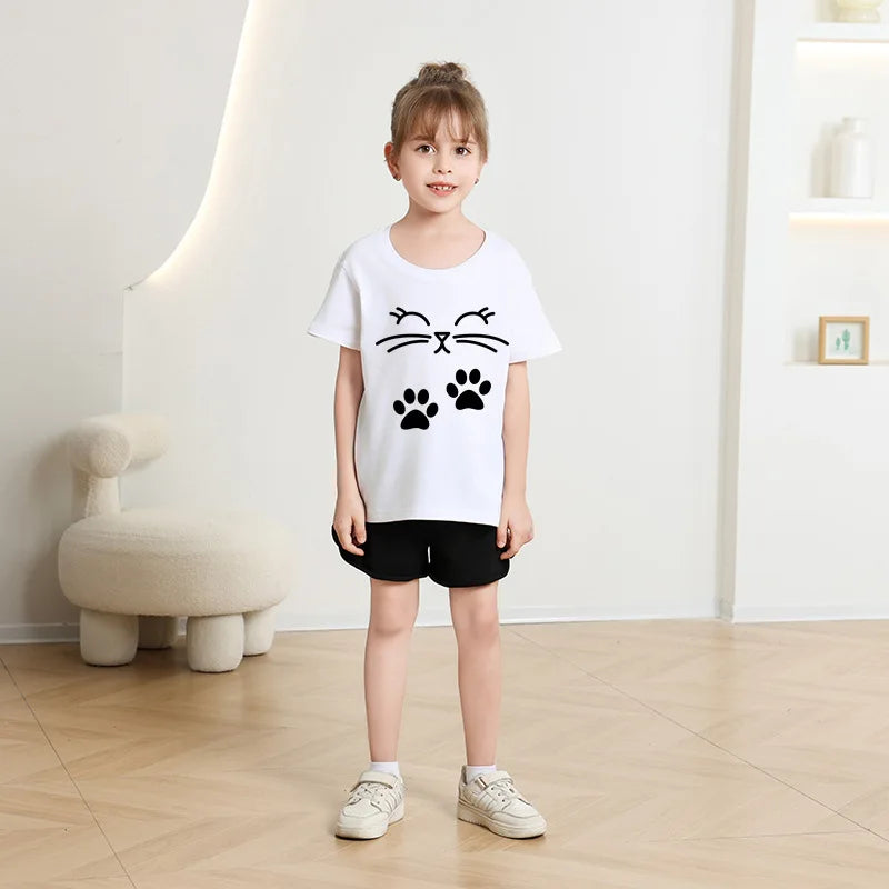 Summer New Cute Cat Animal Print Round Neck Short Sleeved Tee Shirt for Boys and Girls Fashionable and Simple Children's T-shirt