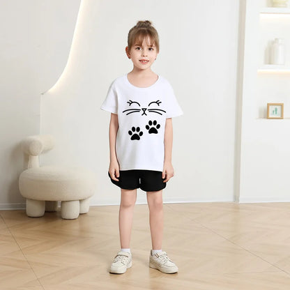 Summer New Cute Cat Animal Print Round Neck Short Sleeved Tee Shirt for Boys and Girls Fashionable and Simple Children's T-shirt