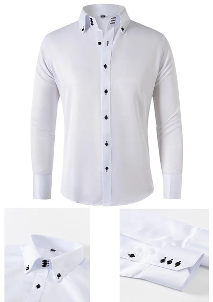 Solid color shirt men's crystal button long sleeved pointed collar light luxury men's business casual men's wear
