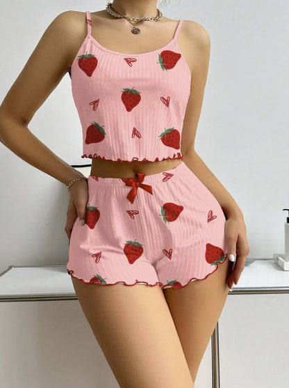 New Strawberry Print Sleepwear Set Women's Ribbed Pajamas with Hearts & Bow Soft Comfy Lounge Set with Shorts Cute Summer PjGift