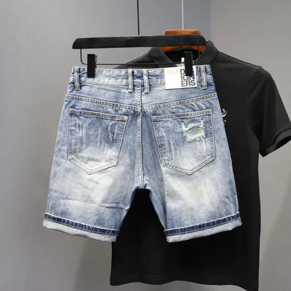 Denim Shorts 2025 Men's Summer Thin Ripped Patch Beggar Pants Cat Whisker Needle Sewing Slim Small Feet Short Jean Medium Pants