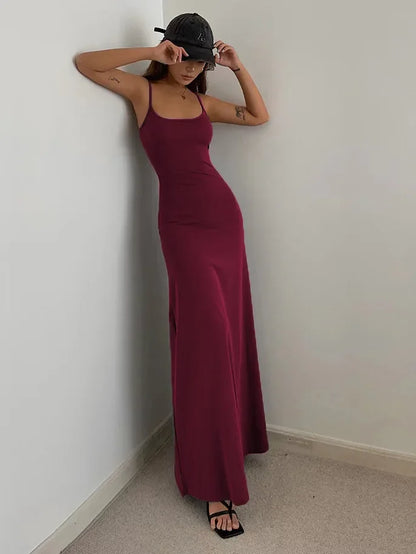 Summer Backless Dress - Slim Waisted Spaghetti Strap Mid-Calf Length Casual Outfit