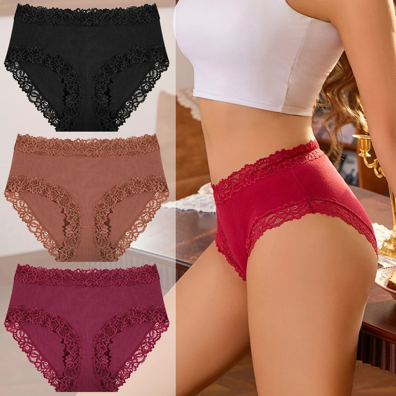 3PCS/Set Women Cotton Panties Lace Low Waist Briefs Trendy Patchwork Lace Intimate Underwear Stretch Comfortable Ladies Lingerie
