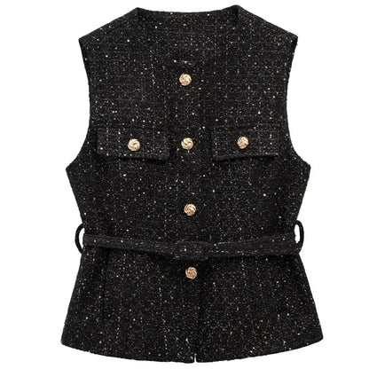 HXAO Women's Vest Summer 2025 Blue Off White Black Vest Textured Waistcoat Woman Button Sleeveless Vest Women Fashion Outerwears