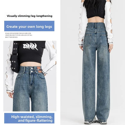 Slim Wide Leg Denim Jeans High Waist Double Bule Straight Cut Pants for Women Bla ey Autumn New Arrival Faionable Wea...
