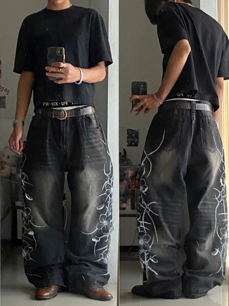 Y2K Gothic Men's Black Distressed Jeans White Thorn Floral Print Wide Leg Baggy Denim Pants Streetwear Casual Trousers