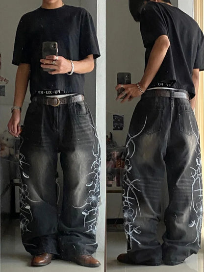 Y2K Gothic Men's Black Distressed Jeans White Thorn Floral Print Wide Leg Baggy Denim Pants Streetwear Casual Trousers