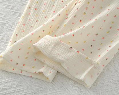 Pajamas pure cotton three-piece set spring and summer thin crepe autumn gauze lapel short-sleeved trousers shorts loungewear set