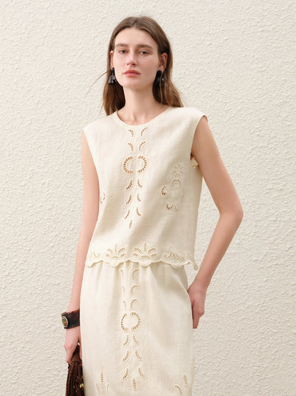 FSLE【Premium Series】Summer Women Linen Two Piece Set Cut-Out Embroidered Sleeveless Top Midi Skirt Boho Beach Vacation Style