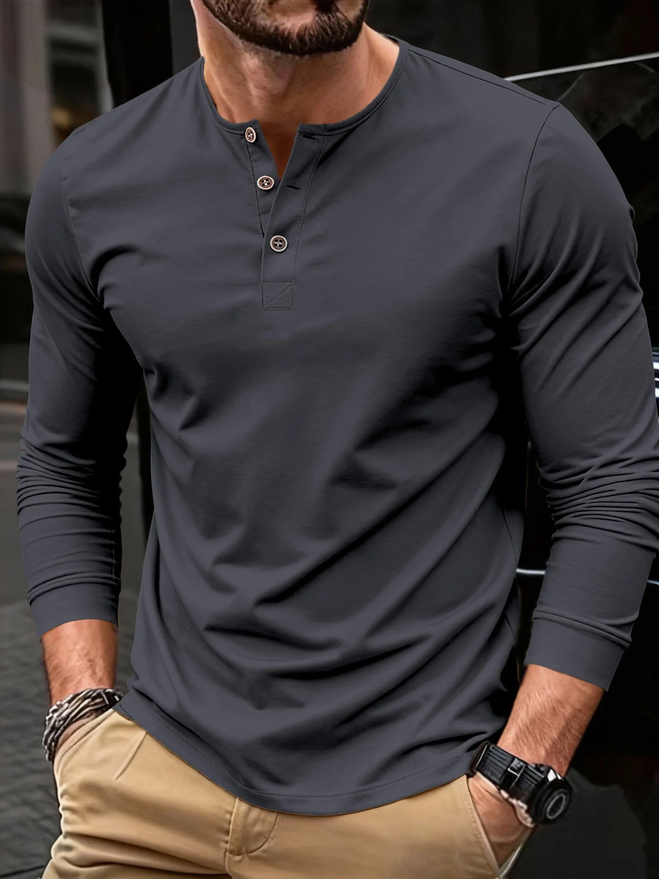 Mens Long Sleeve Henley V-neck Lightweight Long sleeves Casual Cotton Slim Fit Basic Loose Fitness Sports Breathable Top