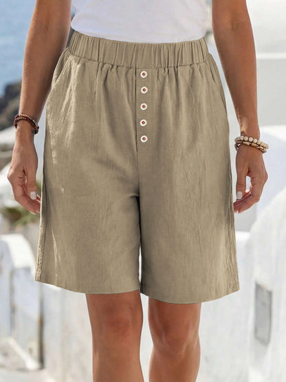 Summer Ladies Casual Loose Pocket Buttoned Linen Shorts Comfortable Breathable Loose Fit Short Pants for Women