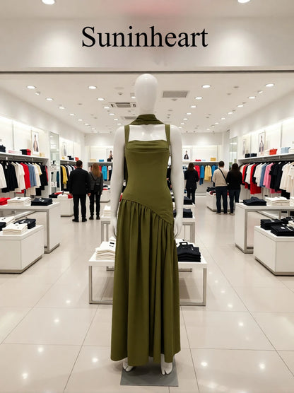 Green Evening Dress - Lace Up Back High Slit Maxi Party Dress with Scarf Attached