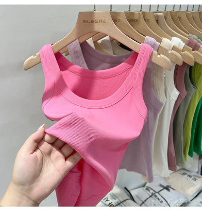 Women Solid Round Neck Ribbed Tank Top Camisole Women 2026 Summer Basic Elastic Tank Top O Neck Solid Tank Top