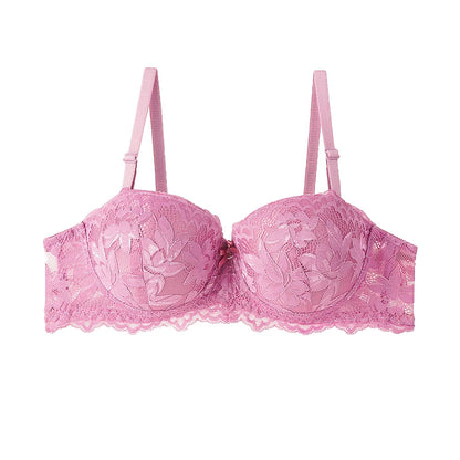 Women's Push Up Half Cup Bras French Lace Floral Bralette Thicken Bottom Gathered Underwire 36-42 A/B Cup Small Chest Underwear