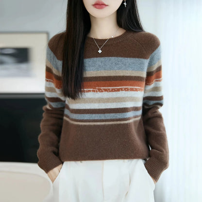 Autumn and winter 100% pure wool striped retro style round-neck wool knit women's long-sleeved versatile sweater top