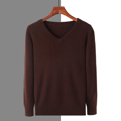 Men's 100% Pure Mink Cashmere Sweater V-neck Pullover Knit Bottoming Shirt Autumn And Winter New Long-Sleeve High-End Mink Tops