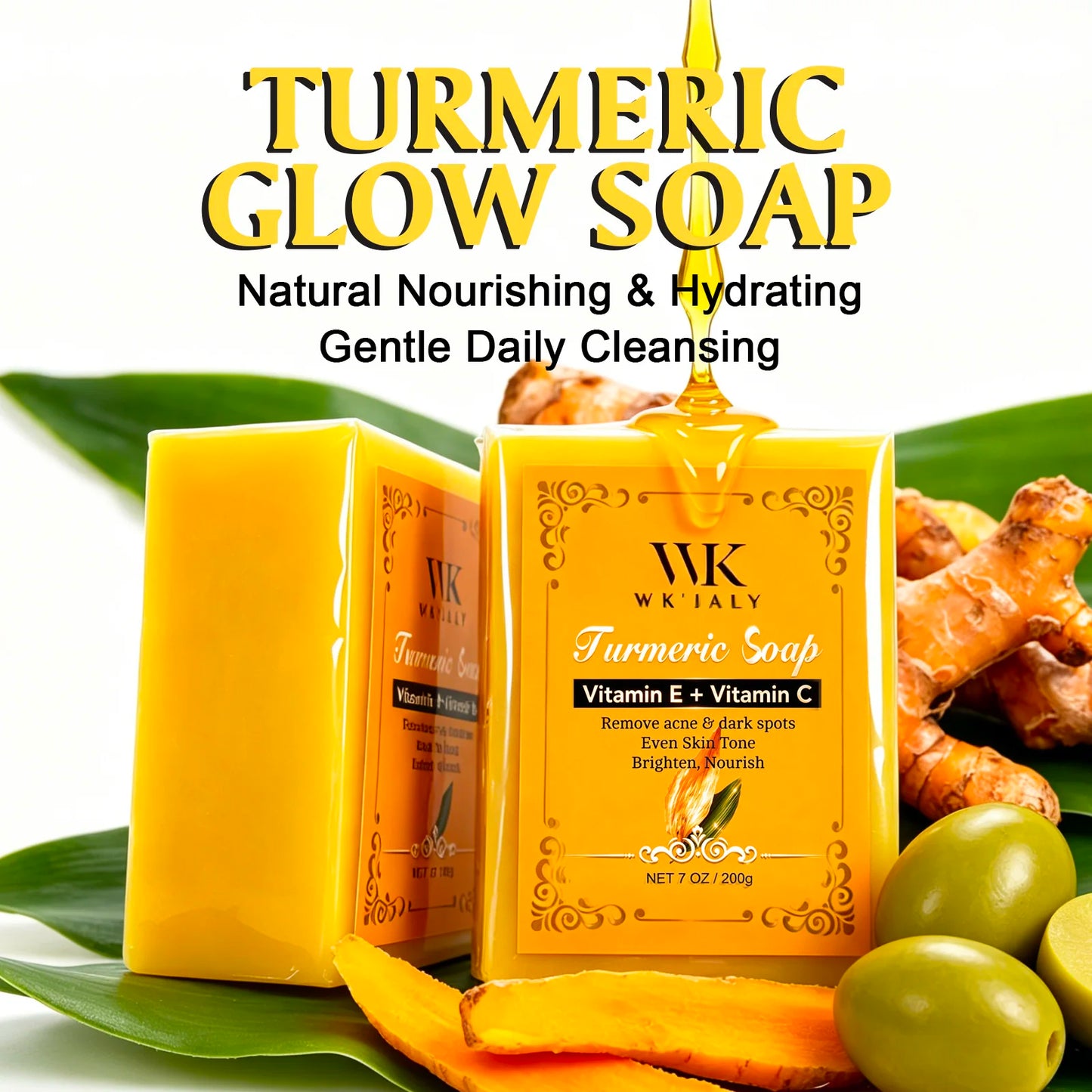 WK JALY Natural Turmeric Soap, Vitamin E + Vitamin C Body Wash, Remove Acne, Dark Spots, Even Skin Tone for Women, 200g/7oz
