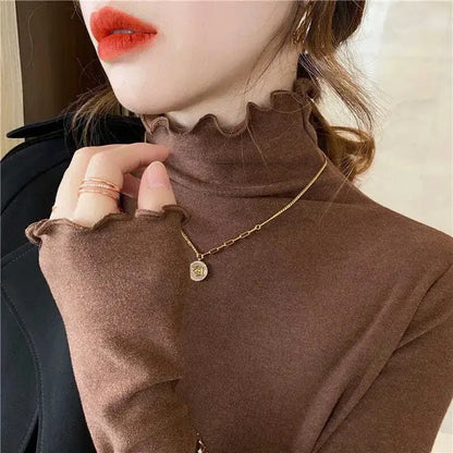 Women Turtleneck Tops – Long Sleeve Shirts With Ruffled Petal Sleeve, Plus Size Winter Fleece
