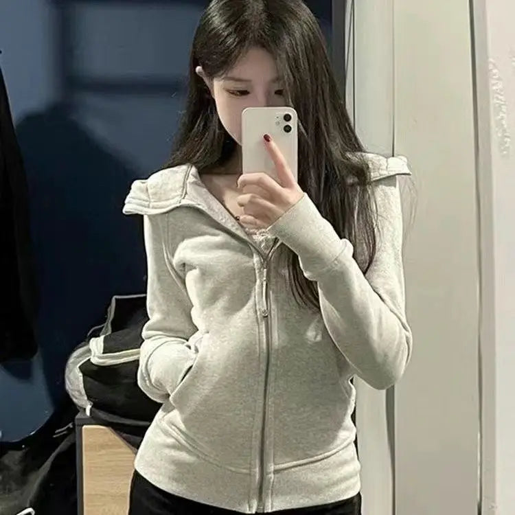 Streetwear Black Hoodie Coat 2025 Women's Clothing Hooded Zipper Slim Fit Y2k Jackets Casual Fashion Sweatshirts Tops Ropa Mujer