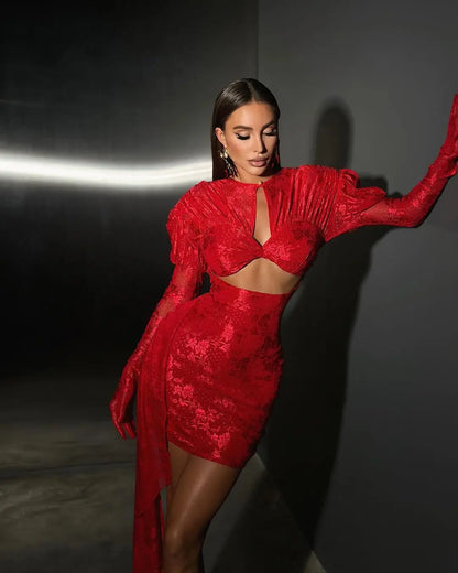 Sexy Bodycon Mini Dress - Red White Draped Women's Party Dress With Full Sleeve