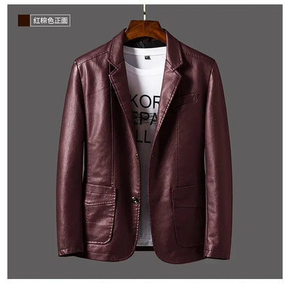New Leather Jacket Men's Business Casual Lapel PU Leather Blazers Fashion Solid Slim Korean Style Leather Coat Big Size 6XL
