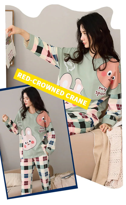 Fall and Winter Women's Suit Pajamas Long-Sleeved Long Pants Homewear Two-Piece Set Ladies Cartoon Pattern Sleepwear Loungewear