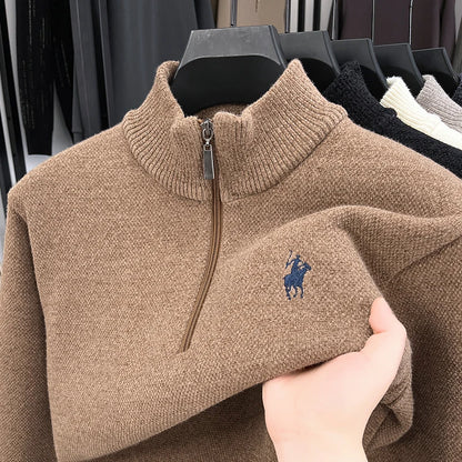 Luxury Quality Men Long-Sleeved Knitwear Mock Neck Half-Zip Thicken Horse Embroidery Spring New Pullover Fashion Casual MensWear
