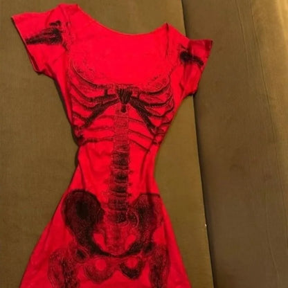 American Vintage Skeleton Aesthetic Short Sleeved Tees Women Y2k Harajuku Rock Hottie T-shirt Gorhic Retro Sexy Slim Chic Tops