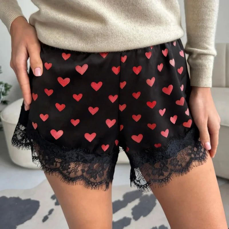 Women's Satin Sleep Shorts – Heart-Print Lace Lounge Shorts