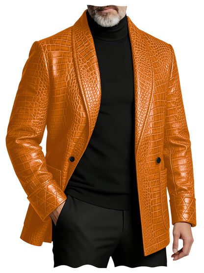 Men's Crocodile Embossed Leather Blazer Double Breasted Business Casual Brown Jacket Office Wear Formal Plus Size  Suit Coat
