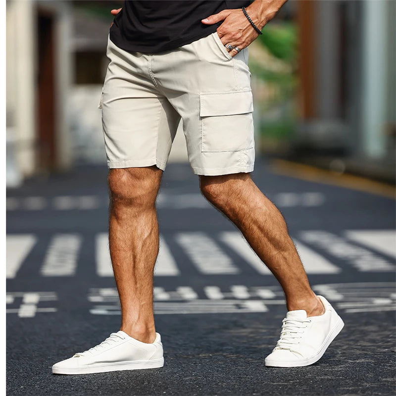 Mens Solid Color Cargo Shorts with Pockets Drawstring Waist Elastic Side Loose Fit Chino Summer Lightweight Trousers