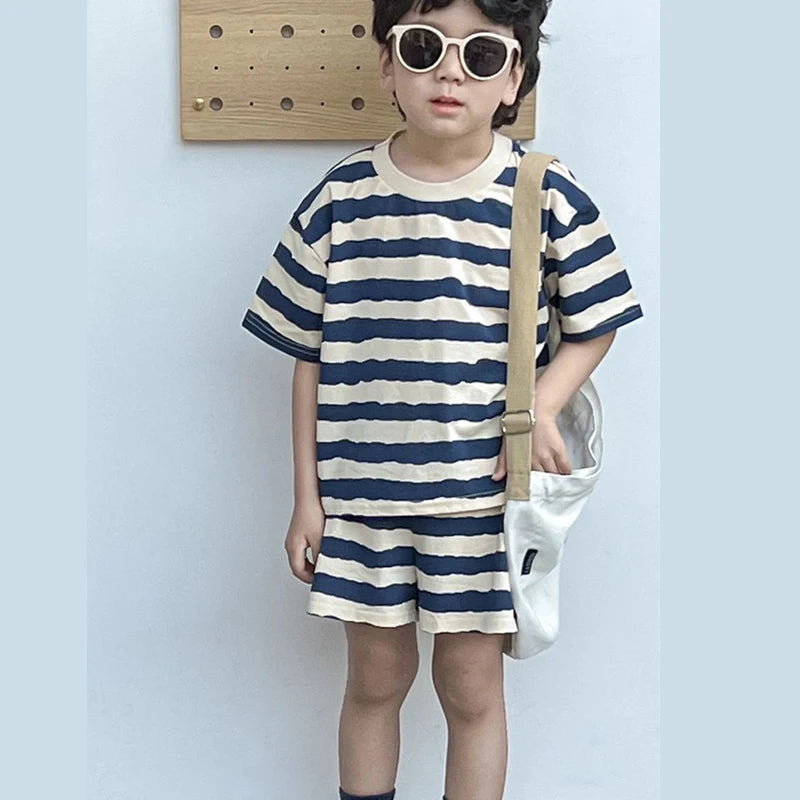 1pcs Summer Chldren Boy Stripe Short Sleeve Tops+Shorts Set Girl Sleeveless Vest Skirt Kids Toddler Fashion Leisure Clothes Set