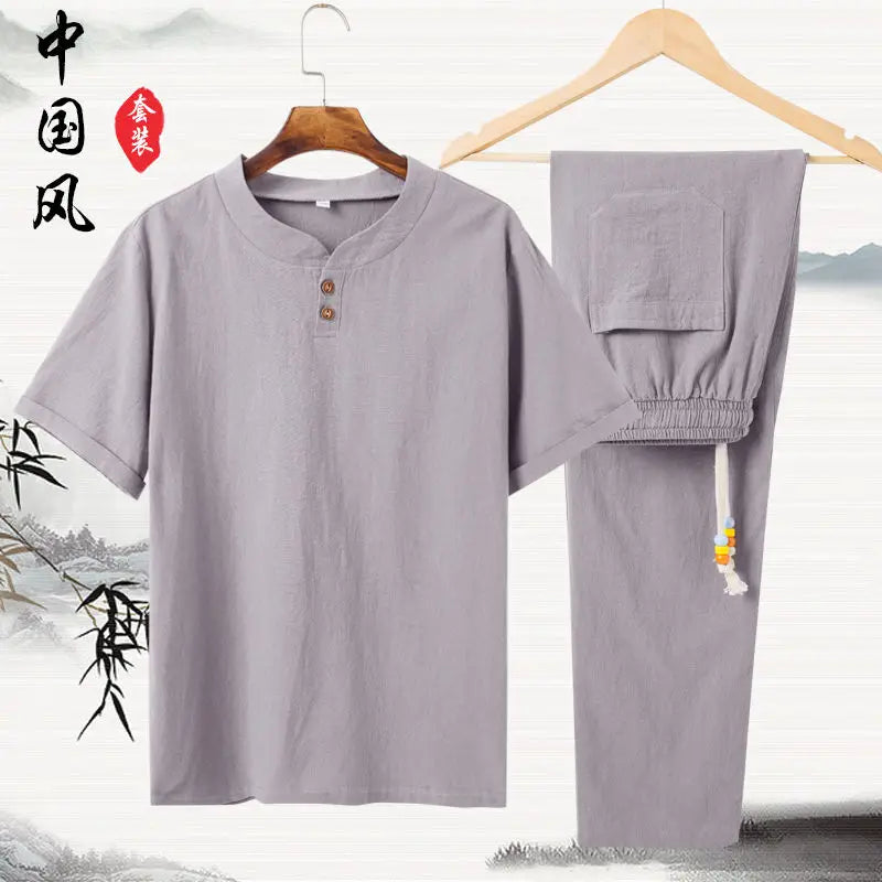Linen Cotton T-shirt Men's Set Chinese Style Short Sleeve Sportswear +trousers 2 Piece Sets Summer Men Tracksuit Solid Suit