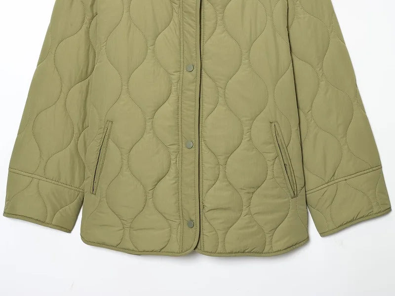 Quilted Jacket Women - Warm Winter Padded Coat With Covered Button Closure
