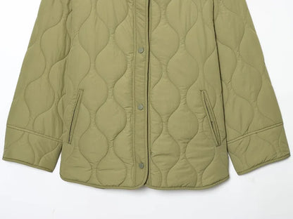 Quilted Jacket Women - Warm Winter Padded Coat With Covered Button Closure
