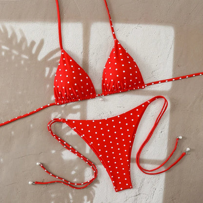 Micro Bikinis Set - Women's Swimwear Dot Print Halter Neck Lace Up Bikini