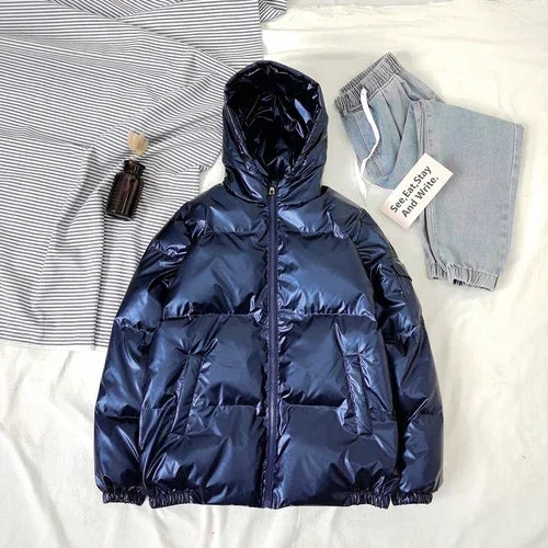 Streetwear Fashion Bright Silver Puffer Jackets for Men Thicken Winter Mens Coats Casual Hooded Cotton Wadded Heated Jacket Men