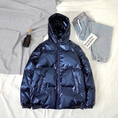 Streetwear Fashion Bright Silver Puffer Jackets for Men Thicken Winter Mens Coats Casual Hooded Cotton Wadded Heated Jacket Men