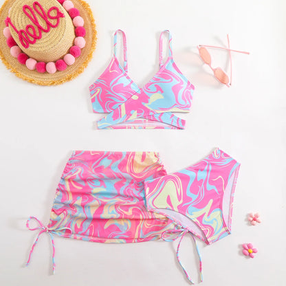 3pcs Swimming Suit for Girls Summer Beach Dress Swimsuit Tie-dye Printed Skirted Bikini Set Kids Bathing Suit