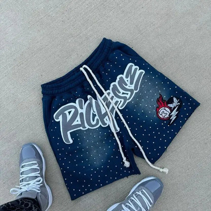 2026 Summer New Men's Rhinestone "RICH" Graffiti Print Shorts Oversized Pants, Suitable for Daily Wear and Training