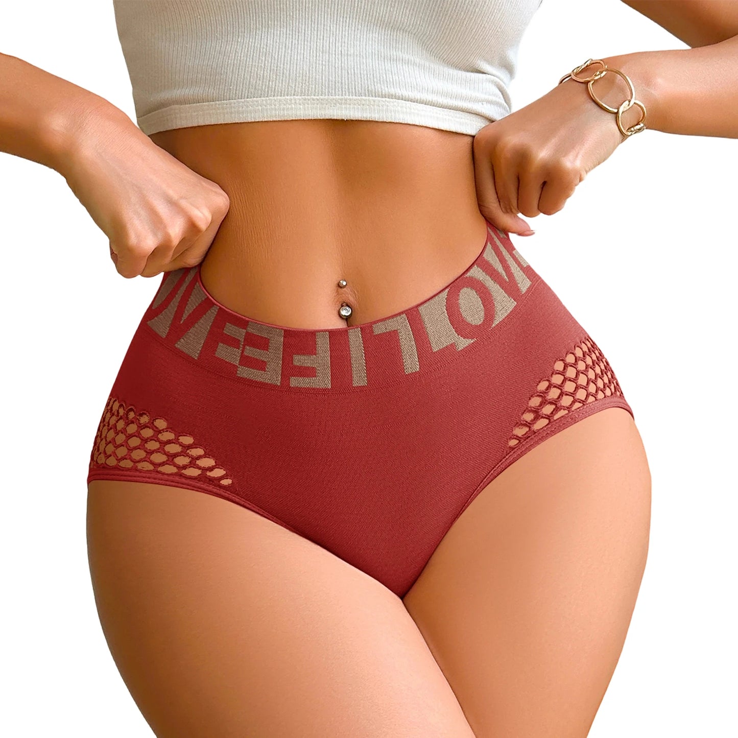 High Waist Women's Underwear Mesh Hollow Out Letter Wide Waistband Sports Butt Lifting Soft Stretchy Ladies Briefs Panties