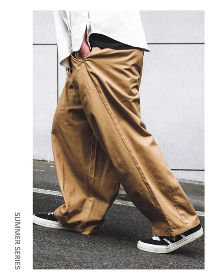 Solid Color Wide Leg Cargo Pants Mens Baggy Pleated Streetwear Elastic Waist Casual Loose Trousers Men