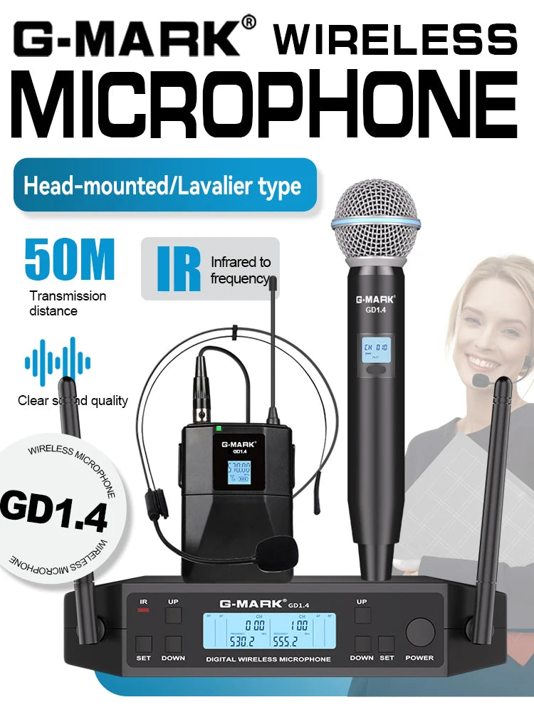 Wireless Lavalier Microphone G-MARK GD1.4 UHF Professional Headset Clip Mic Bodypack Frequency Adjustable 50M For Party Show