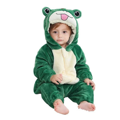 Baby Winter Rompers - Soft Polyester Hooded Jumpsuit With Animal Pattern, Machine Washable