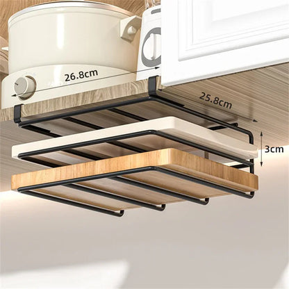 Kitchen Organizer Rack - Stainless Steel Hanging Kitchen Rack with Hooks for Cutting Board, Paper Towel & Pot Lid Storage