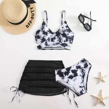 3pcs Swimming Suit for Girls Summer Beach Dress Swimsuit Tie-dye Printed Skirted Bikini Set Kids Bathing Suit